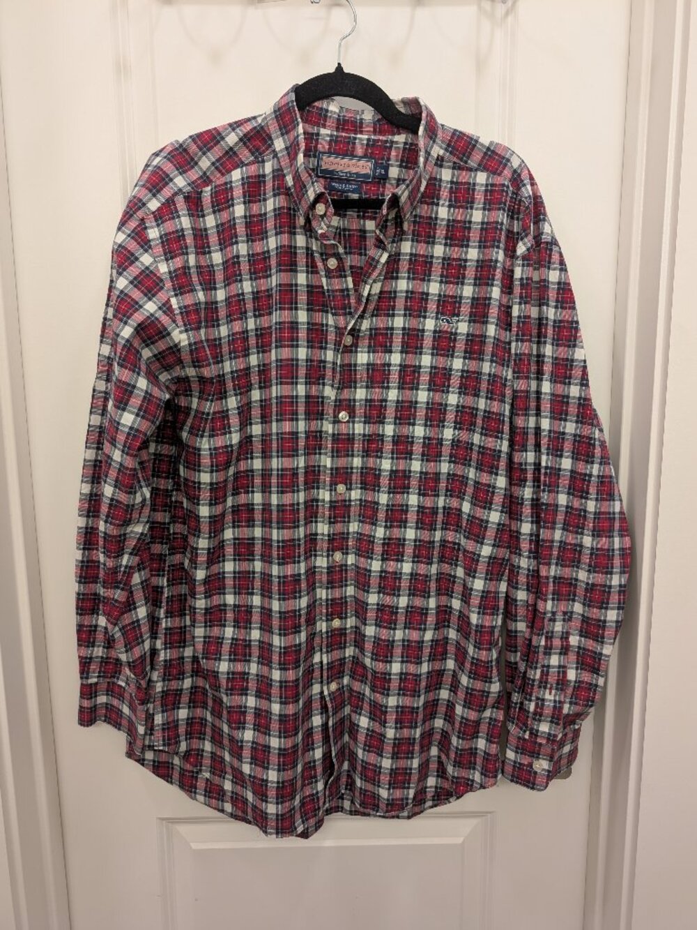 Vineyard Vines Men's Red White Blue Check Plaid Whale Shirt SZ XL